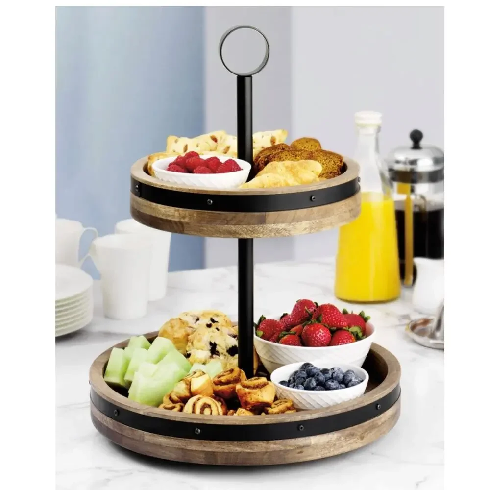 Mikasa 2 Tier Lazy Susan Burnished Iron Band Mango Wood Trays 2in1 Convertible!